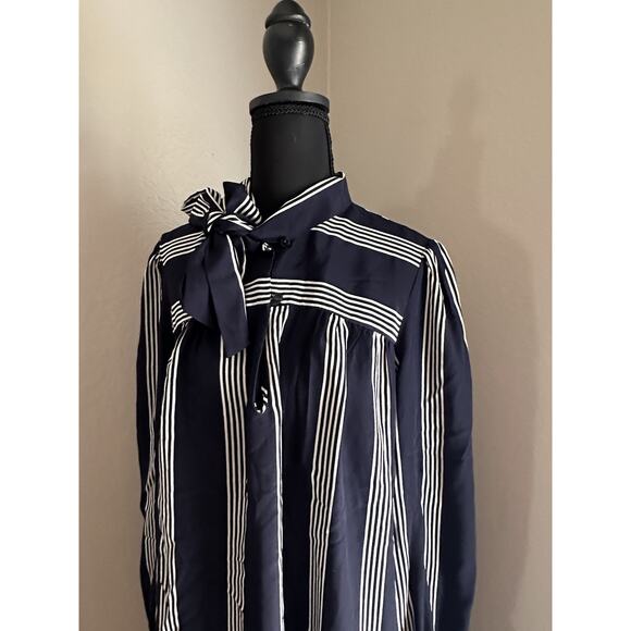 Vtg Chez California Designed By Tandy Navy White Striped Collar Neck Tie Dress - Picture 6 of 13
